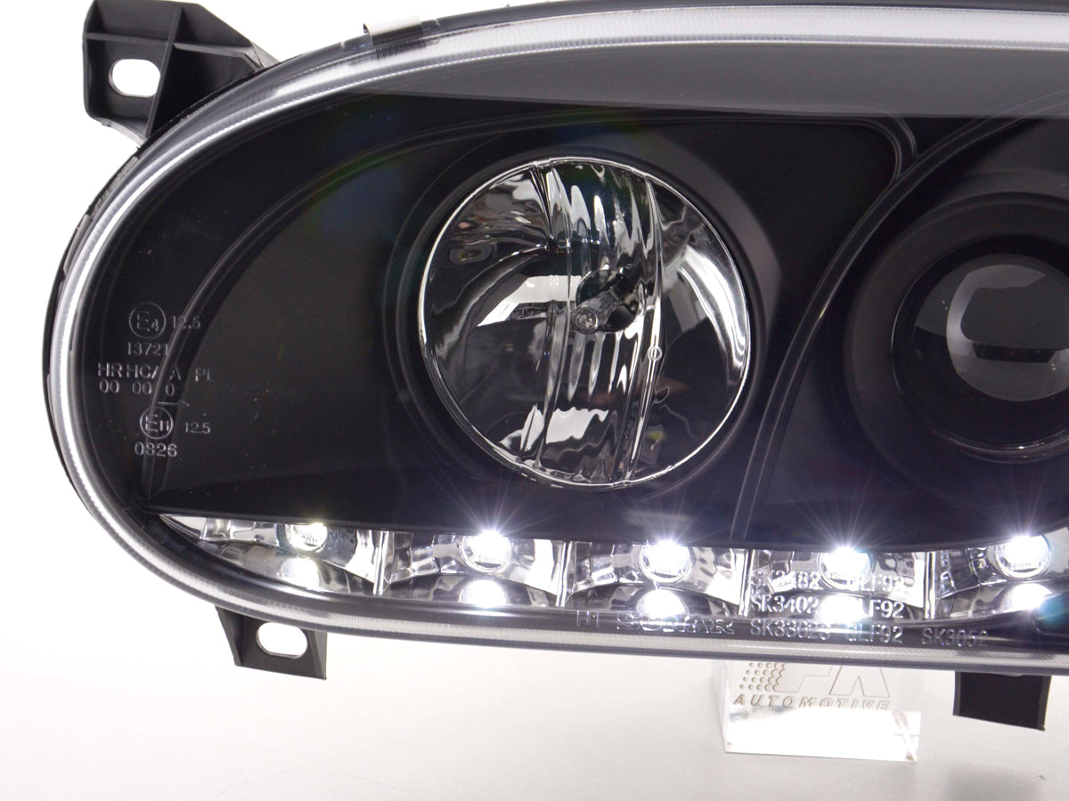 Scheinwerfer Set Daylight LED TFL-Optik VW Golf 3 Typ 1HXO 1EXO 91-97 schwarz Scheinwerfer Set Daylight LED TFL-Optik VW Golf 3 Typ 1HXO 1EXO 91-97 schwarz